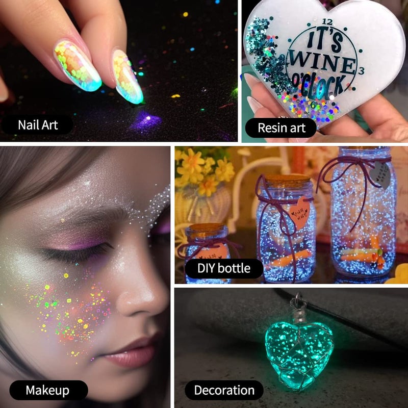 OSBANG Glow in The Dark Glitter 15 Jar - 12 Colors Glow Glitter and 3 Colors Gold Foil Flakes  High Luminous Glitter for Resin Crafts  Cosmetic  Nail  Glowing Dye for DIY - Image 5